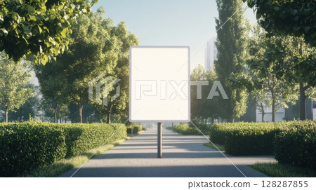 Blank advertising billboard in a sunny urban park surrounded by greenery during morning hours 128287855
