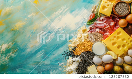 Colorful display of fresh ingredients including cheese, meats, and eggs on a textured surface for culinary creativity 128287880
