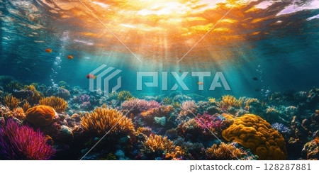 Colorful coral reef thrives under sunlight in tropical ocean waters with vibrant marine life Colorful coral reef thrives under sunlight in tropical ocean waters with vibrant marine life 128287881