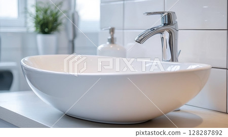 Modern white basin with sleek faucet in bright bathroom setting during daylight hours Modern white basin with sleek faucet in bright bathroom setting during daylight hours 128287892