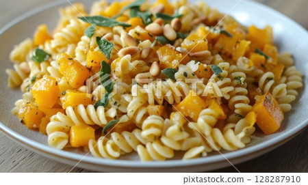 Pasta dish with butternut squash, pine nuts, and herbs prepared in a cozy kitchen setting 128287910