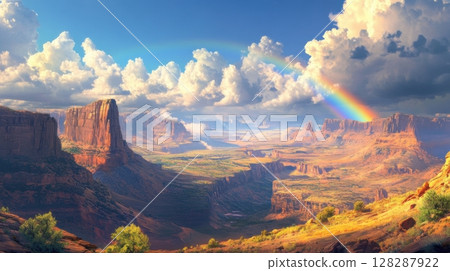 Stunning canyon landscape with dramatic clouds and rainbow after rain in a desert setting 128287922
