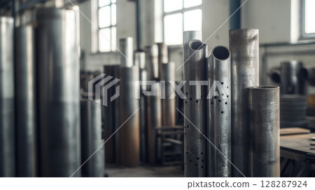 Metal storage area showcasing various tubes and pipes in an industrial facility during daylight hours 128287924