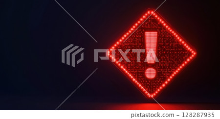 Red warning sign illuminated with LED lights on a dark background at night 128287935