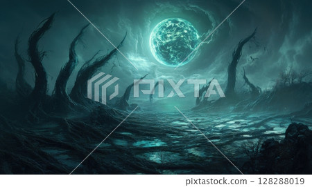 Mysterious landscape under a glowing moon with twisted trees at night 128288019