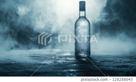 Mysterious glass bottle surrounded by fog on a dark, reflective surface 128288043