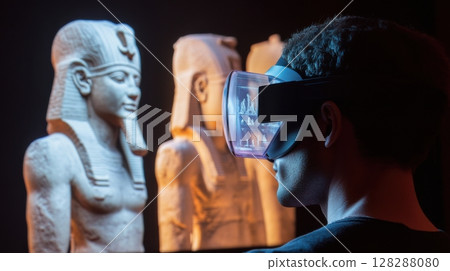 Virtual reality experience enhances exploration of ancient Egyptian artifacts in a modern museum setting 128288080