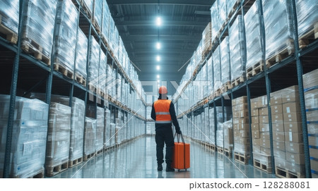 Worker in safety gear navigating a large warehouse filled with stacked pallets at nighttime Worker in safety gear navigating a large warehouse filled with stacked pallets at nighttime 128288081