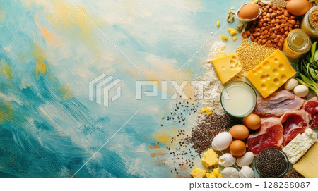 Variety of colorful ingredients arranged artistically on a vibrant background for a cooking project 128288087