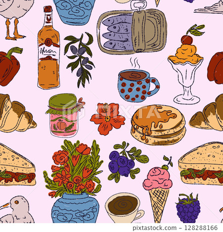 The Dolce Vita collection is a whimsical seamless pattern with vibrant color accents, inspired by the Mediterranean lifestyle. Hand-drawn sketch style 128288166