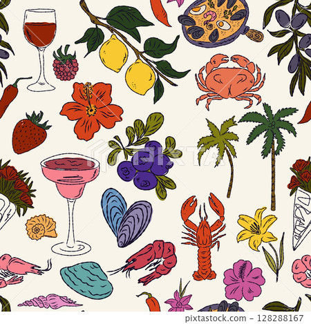 The Dolce Vita collection is a whimsical seamless pattern with vibrant color accents, inspired by the Mediterranean lifestyle. Hand-drawn sketch style The Dolce Vita collection is a whimsical seamless pattern with vibrant color accents, inspired by the Mediterranean lifestyle. Hand-drawn sketch style 128288167