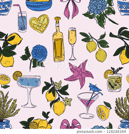 The Dolce Vita collection is a whimsical seamless pattern with vibrant color accents, inspired by the Mediterranean lifestyle. Hand-drawn sketch style 128288169