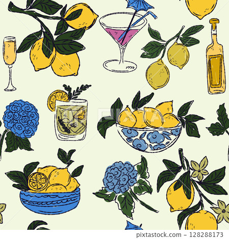 The Dolce Vita collection is a whimsical seamless pattern with vibrant color accents, inspired by the Mediterranean lifestyle. Hand-drawn sketch style 128288173
