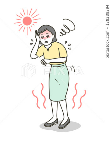 Illustration of a young woman suffering from heat stroke and dizziness 128288294