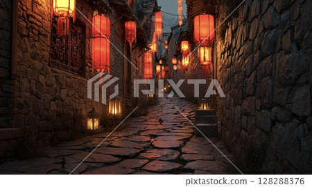 Beautiful night view of the cobblestone back alley 128288376