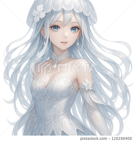 水母女王，身穿銀色連身裙的美麗動漫風格女孩 128288408