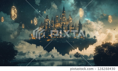 A magical city floating in the night sky and a fantastic castle of lights 128288430