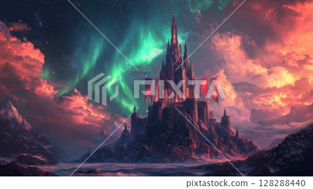 A magical castle and a fantastic mountain landscape enveloped in the aurora 128288440