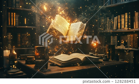 A magical wizard's study with floating spellbooks 128288451