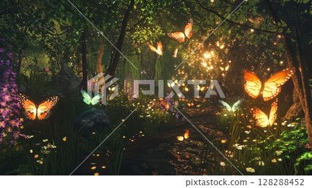 夢幻般的夜森林，蝴蝶翩翩起舞 128288452