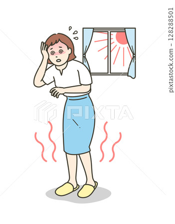 Full-body illustration of a young woman suffering from heat stroke indoors and feeling dizzy Full-body illustration of a young woman suffering from heat stroke indoors and feeling dizzy 128288501