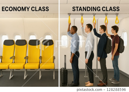 Humorous comparison of airplane seating: traditional economy class vs. fictional standing class Humorous comparison of airplane seating: traditional economy class vs. fictional standing class 128288596