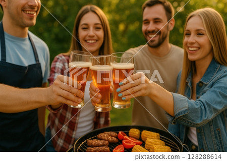 Group of friends toasting with beer at outdoor barbecue 128288614
