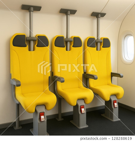 Three bright yellow upright airplane seats designed for standing passengers Three bright yellow upright airplane seats designed for standing passengers 128288619