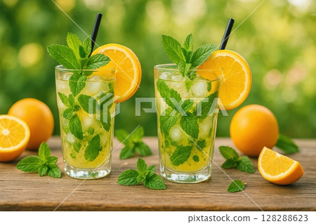 Two refreshing citrus mint drinks with ice and orange slices on wooden table Two refreshing citrus mint drinks with ice and orange slices on wooden table 128288623