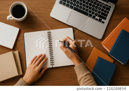 Person writing in a notebook at desk with laptop, coffee, and books 128288654