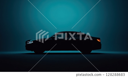 Luxury car side view in silhouette against a deep blue gradient background 128288683