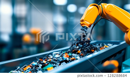 Robotic arm sorting waste on a conveyor in an industrial recycling facility 128288684