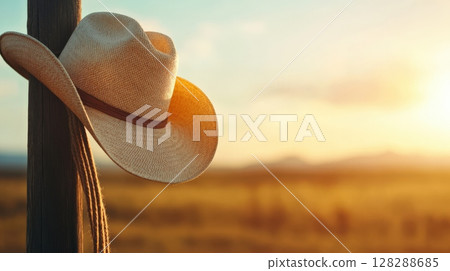 Cowboy hat hanging on a wooden post at sunset in a rural field 128288685
