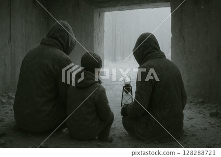 Three hooded figures, including a child, sit in a ruined shelter holding a lantern Three hooded figures, including a child, sit in a ruined shelter holding a lantern 128288721