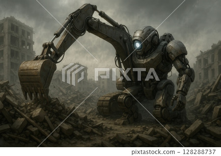 Robotic excavator clearing debris in post-apocalyptic ruins 128288737