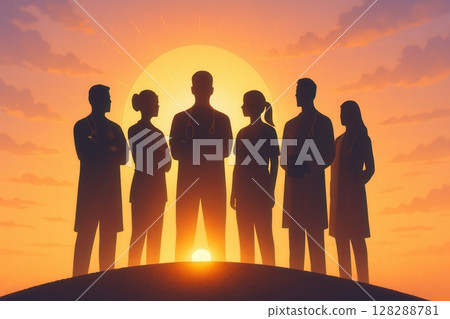 Silhouetted medical workers standing united at sunset Silhouetted medical workers standing united at sunset 128288781