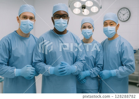 Group of diverse surgeons in sterile blue scrubs and face masks 128288782