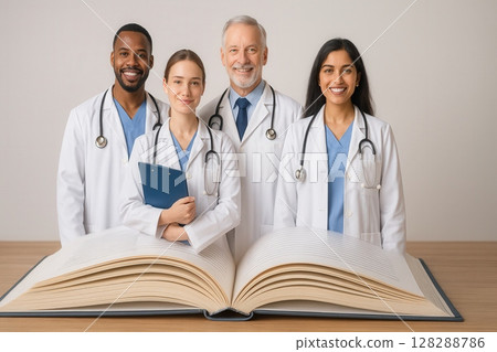 Group of diverse doctors standing behind an open book 128288786