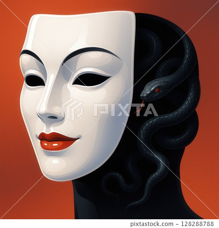 illustration of a white theatrical mask over a black face with a snake emerging from behind 128288788
