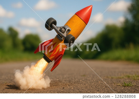 Rocket style skateboard lifting off the ground with fire and speed 128288808