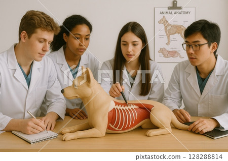 Group of veterinary students in lab coats studying dog anatomy Group of veterinary students in lab coats studying dog anatomy 128288814