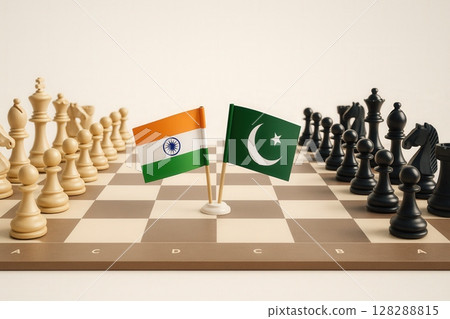 India and Pakistan flags facing each other on a chessboard with full chess pieces 128288815