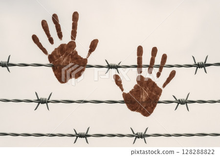Bloody handprints on barbed wire represent the human cost of border crossing 128288822