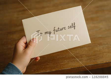 A child hand holds an envelope with the text To my future self 128288845
