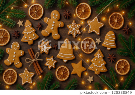 Top view of Christmas gingerbread cookies in festive shapes 128288849