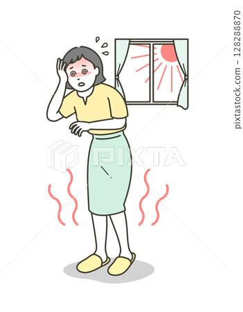 一位年輕女子在室內中暑並感到頭暈的全身插圖 128288870