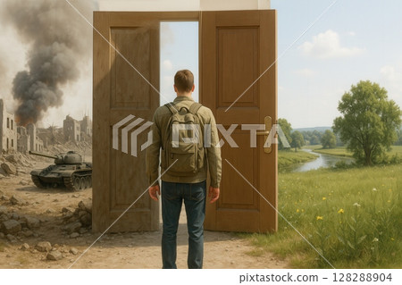 Man standing before a giant open door separating war and peace Man standing before a giant open door separating war and peace 128288904