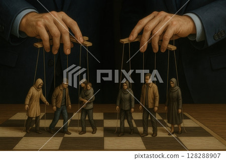 Human puppets controlled by politician hands over a chessboard 128288907