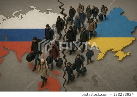Symbolic map of Russia and Ukraine split by a crack, with refugees walking between 128288924