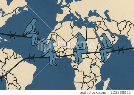 Illustration of dove human hybrids sitting on barbed borders across a world map 128288932